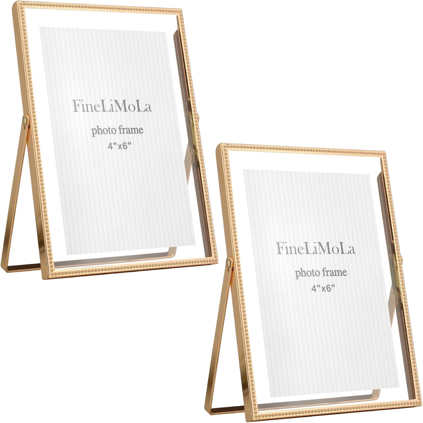 Gold 6x8'' Floating Photo Frame 2 Pack, Beaded Metal Frame Fits 3.5x5'', 4x6'' & 5x7'' Pictures, Adjustable Tabletop & Shelf Display, Elegant Wedding Gift for Home Decor