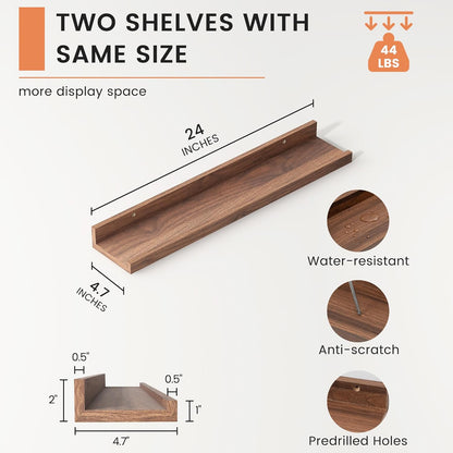 FLYJOE Picture Ledge Shelf, Floating Shelves Set of 2, 48 Inches Long Large Nursery Book Shelves for Toys Storage, Kids Bookshelf Wall Mounted for Living Room Bedroom Decor Books Photo Frames, Walnut