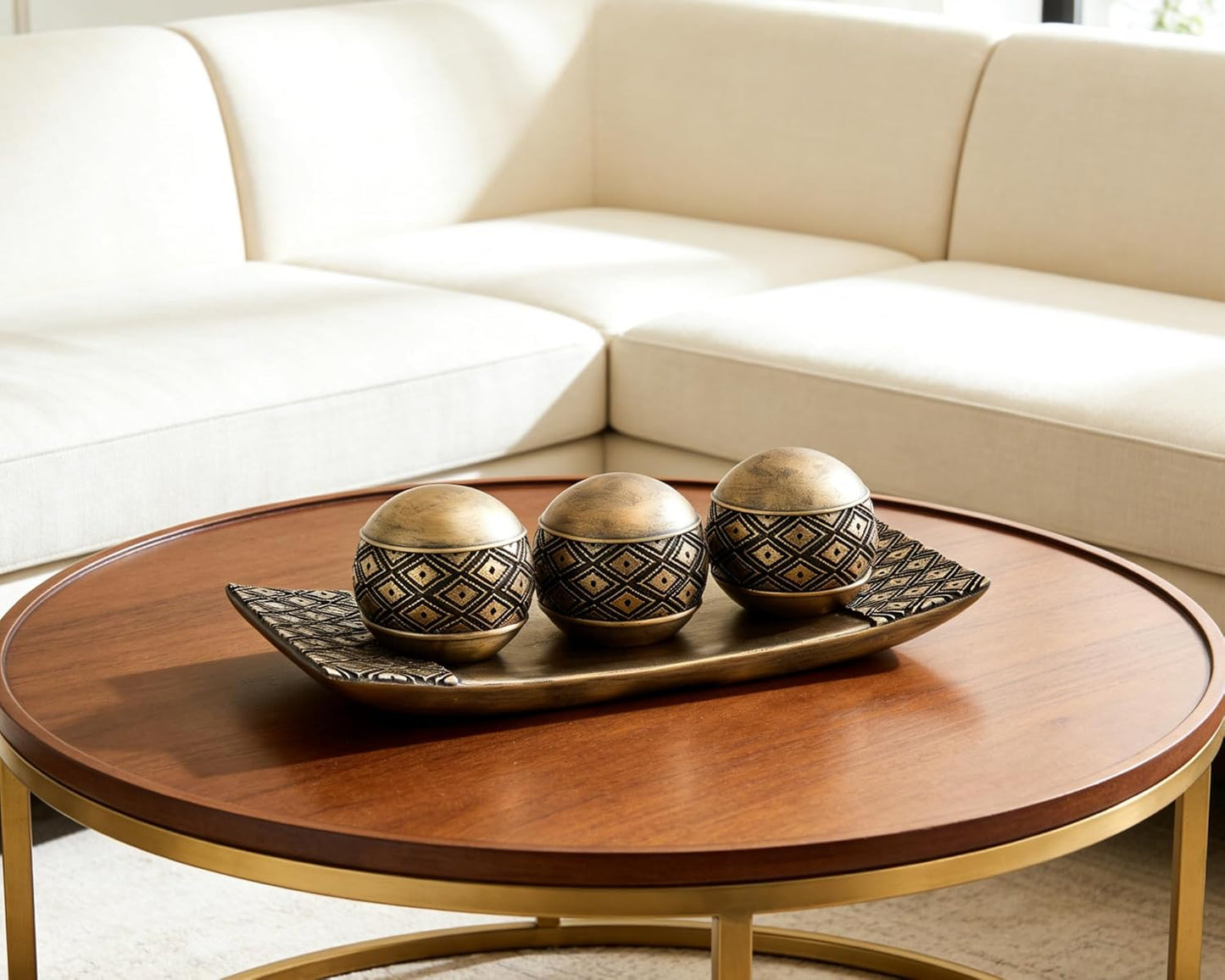 Gold Decorative Orbs with Tray Set, 3Pcs Resin Decorative Balls with Tray, Modern Accent Sphere for Coffee Table, Dining Table, Living Room, Entryway