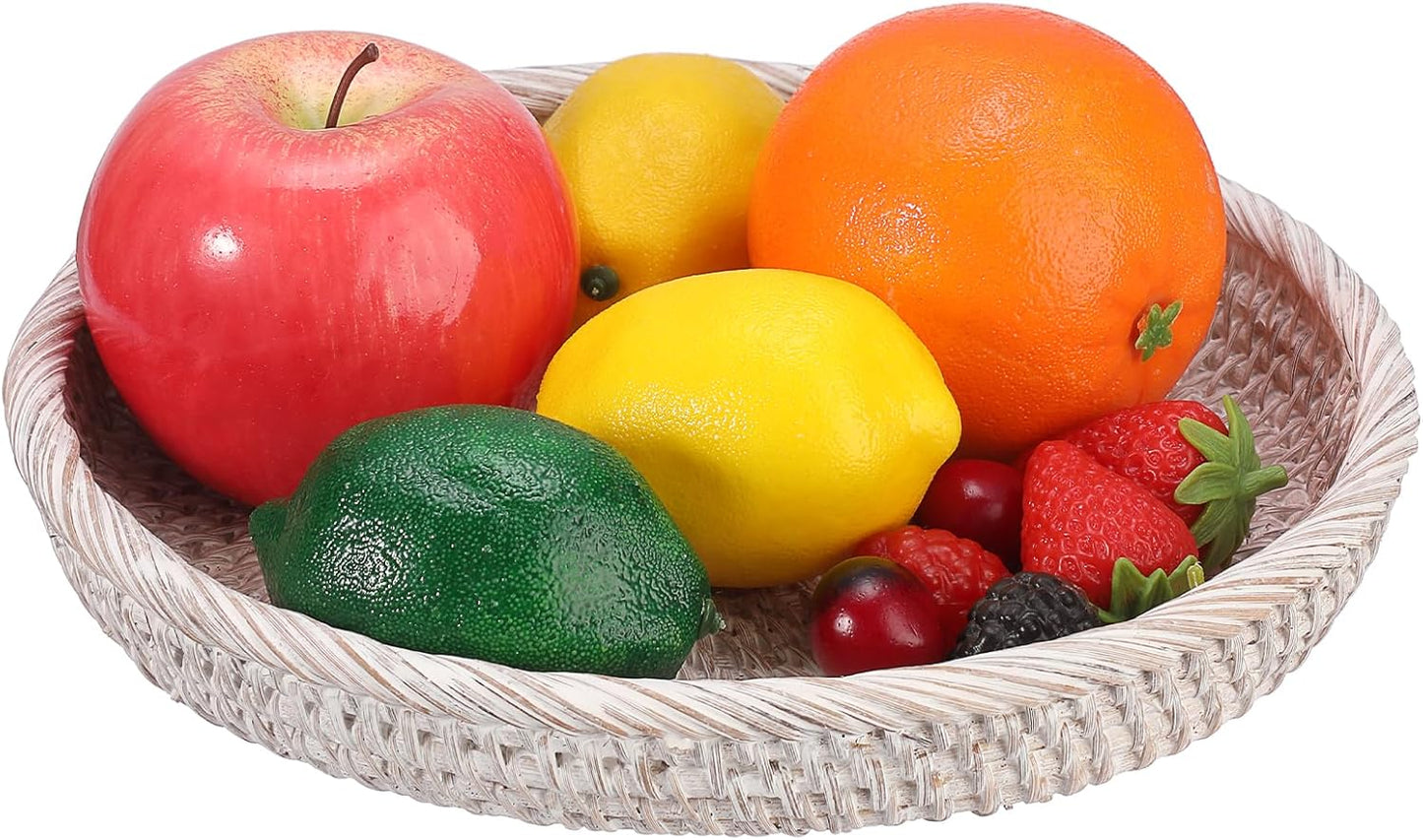 Hipiwe Small Key Basket Bowl for Entryway 7.6" Round Woven Wicker Basket Fruit Serving Tray Woven Basket Wall Decor Rattan Organizer Basket for Keys, Wallet,Whitewash