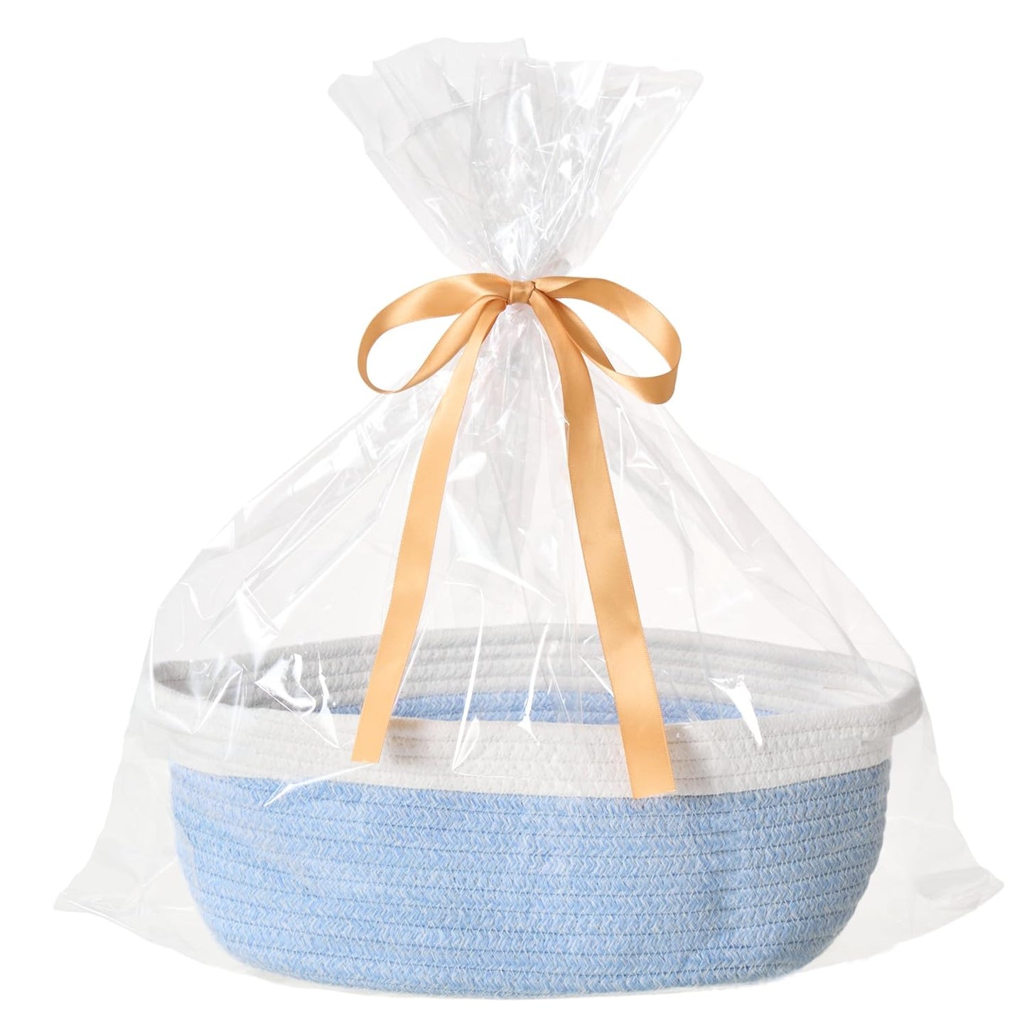 Small Woven Gift Basket Empty with Bag & Ribbon - Gifts for Mom, Baby Shower, Birthdays & Raffle - Cotton Rope Storage Basket for Dog Toys or Shelf - 12"x8"x5", White