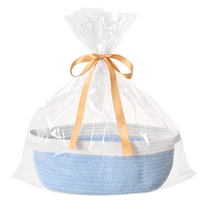 Small Woven Gift Basket Empty with Bag & Ribbon - Gifts for Mom, Baby Shower, Birthdays & Raffle - Cotton Rope Storage Basket for Dog Toys or Shelf - 12"x8"x5", White