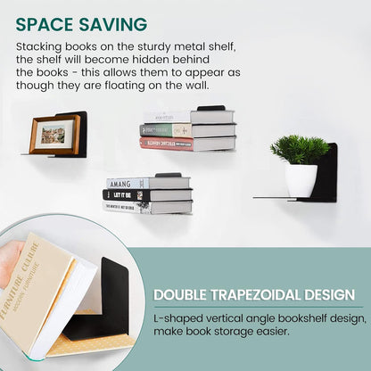 STORAGE MANIAC Floating Book Shelves for Wall Mounted Invisible Floating Bookshelves Heavy-Duty Steel Hidden Bookshelf Hanging Bookshelves for Bedroom Living Room Office, White 4-Pack Large