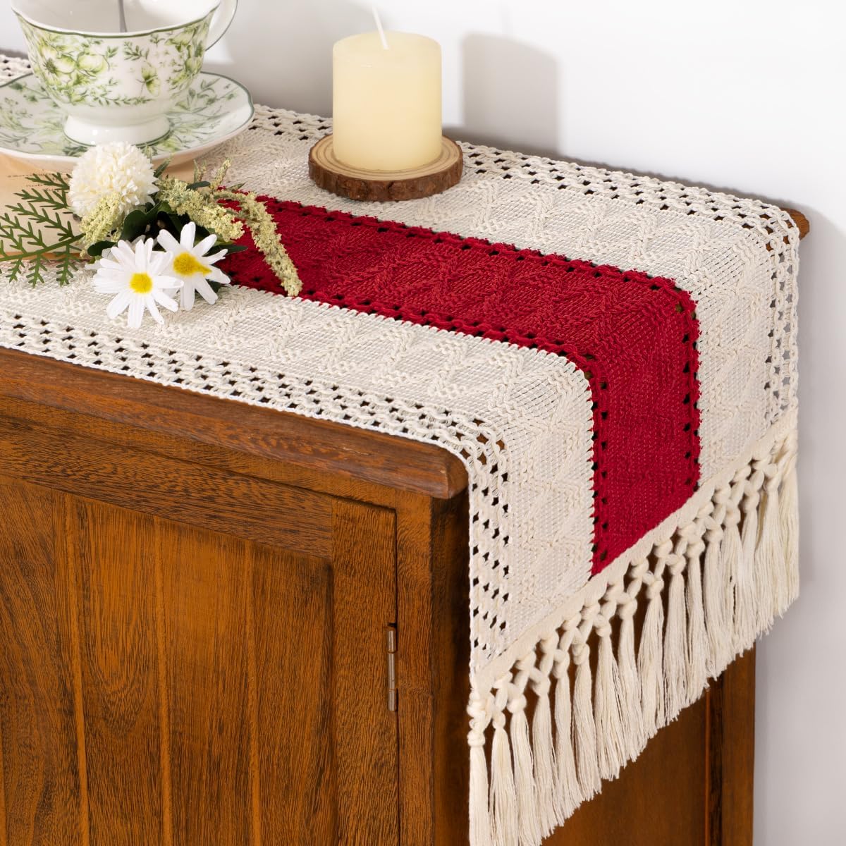 Socomi Boho Table Runner Summer Farmhouse Rustic Dining Kitchen Centerpiece Decor Small Macrame Woven Cotton Linen Coffee Table Runner for Dresser Scarf Home Decor 12x36 inch Beige