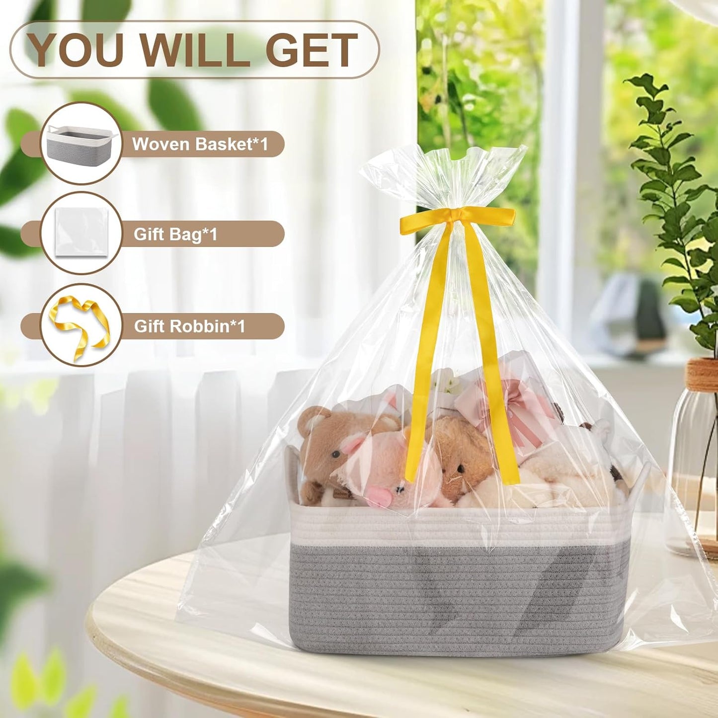 OIAHOMY Woven Basket, Gift Basket Empty with Gift Bags and Ribbons, Rope Baskets for Baby Showers, Storage Baskets with Handles for Nursery, Pet Toy Organizer - White