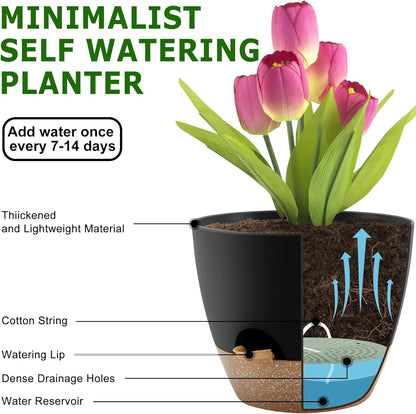 QRRICA Plant Pots 10/9/8/7.5/7 Inch Self Watering Pots, Set of 5 Plastic Planters with Drainage Holes and Saucers,Plastic Flower Pots,Nursery Planting Pot for Indoor Out Door Plants（Green）