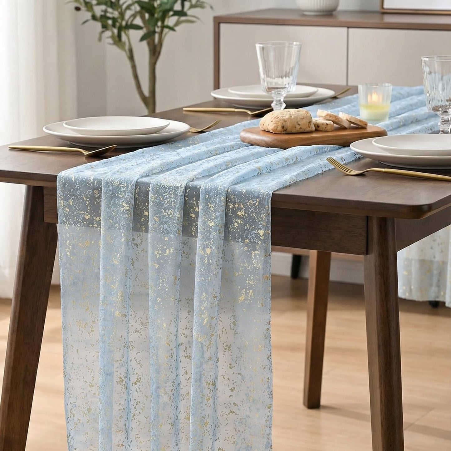 Artoid Mode Beige Gold Gauze Table Runner 120 Inch 10FT, Glitter Metallic Foil Sheer Dining Wedding Anniversary Holiday Birthday Table Decor for Home Party