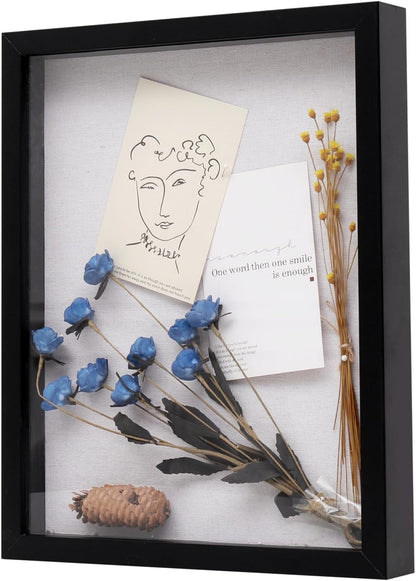 Muzilife 8x8 Shadow Box Picture Frame with Linen Board - Deep Wood & Glass Display Case Ready to Hang Memory Box Baby Sports Memorabilia, Pins, Awards, Medals, Wedding, Tickets and Photos (Black)