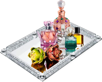 Crystal Glass Tray, Modern Mirror Jewelry Dresser Trinket Trays with Crushed Diamond, 11.8" x 7.9"Rectangular Makeup Perfume Tray for Bathroom Bedroom, Home Decor, Hotel Banquet, Party(Silver)