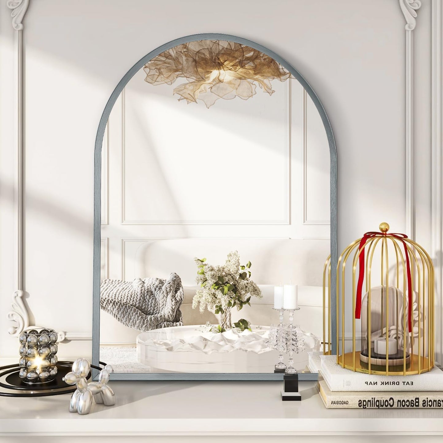 Black Arched Mirror, Modern Bathroom Wall Mirror Aluminum Alloy Framed Mirror Brushed Metal Vanity Wall Mounted Mirror for Livingroom Bedroom Entryway Room 16"x12"