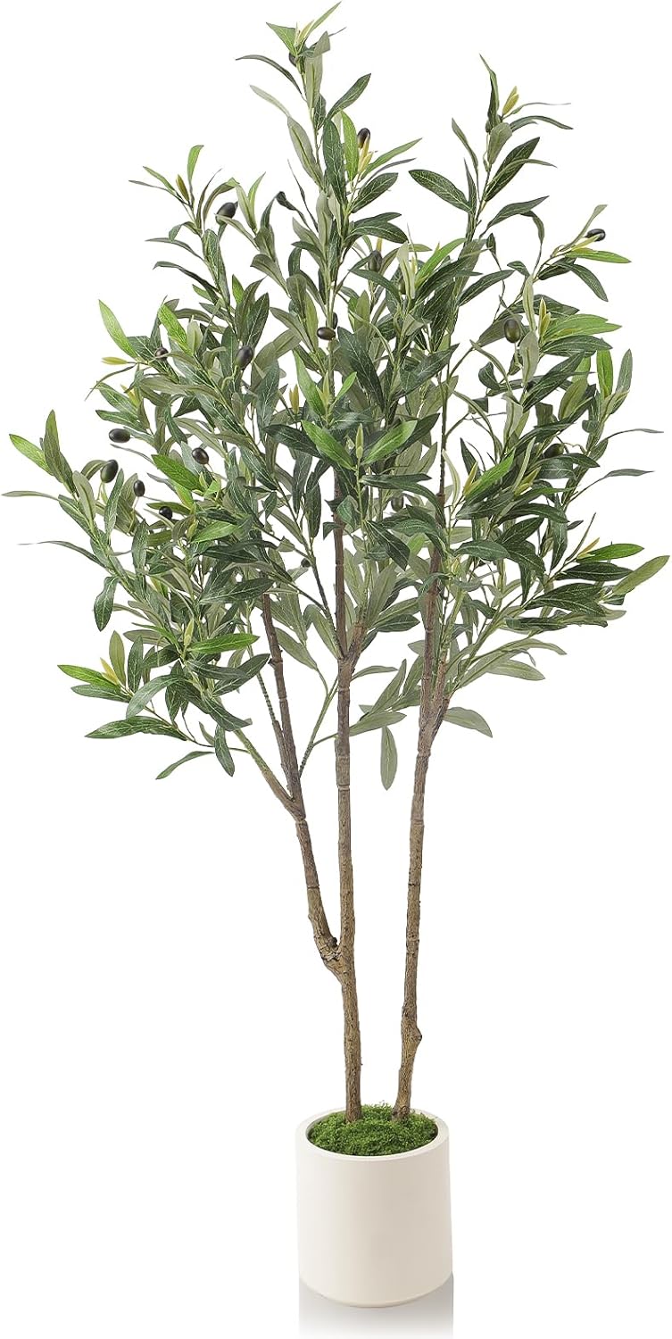 Alupssuc 5ft Olive Trees Artificial Indoor & Outdoor, Faux Olive Tree with Lively Artificial Trunk and Lifelike Fruits, Fake Potted Tree for Modern Home Office Living Room Decor