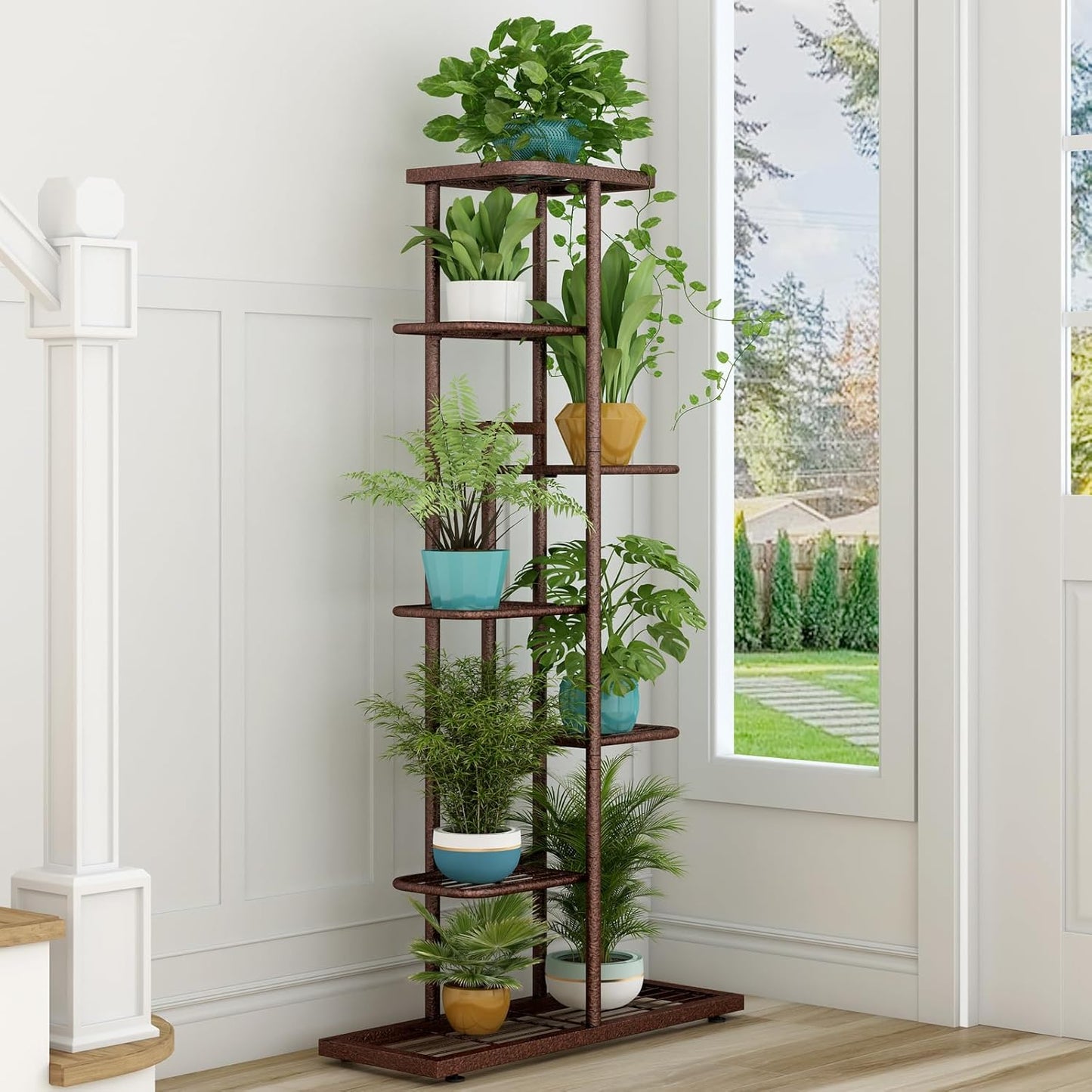LINZINAR Plant Stand Indoor Outdoor Corner 4 Tier Metal Plant Shelf Patio Plant Rack for Garden Corner Balcony Living Room