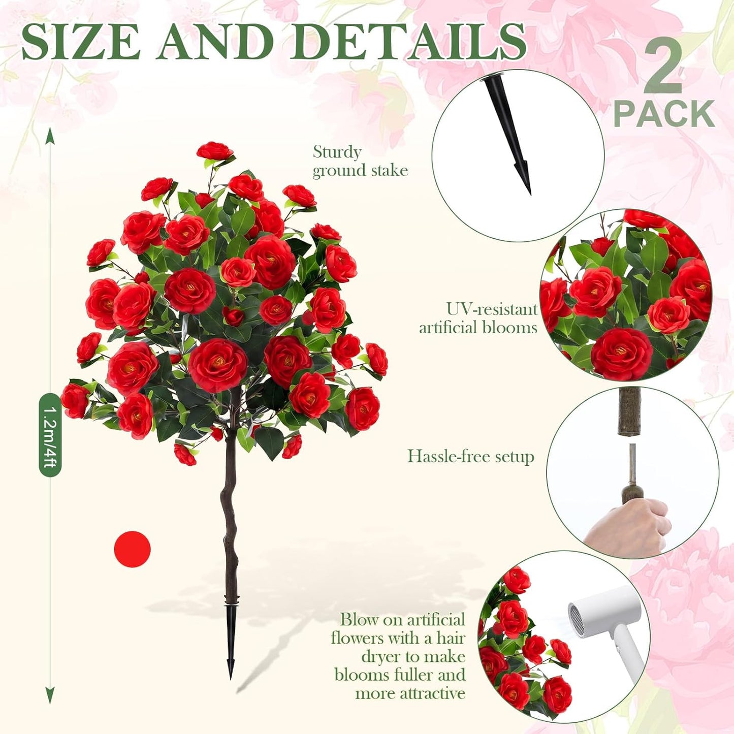 Lunmon 2 Pack 3ft Artificial Camellia Plants Tree 36" Faux Camellia Flower with Spike UV Resistant Realistic Fake Floral Blooming Bush for Indoor Outdoor Front Door Porch Backyard Garden, Purple