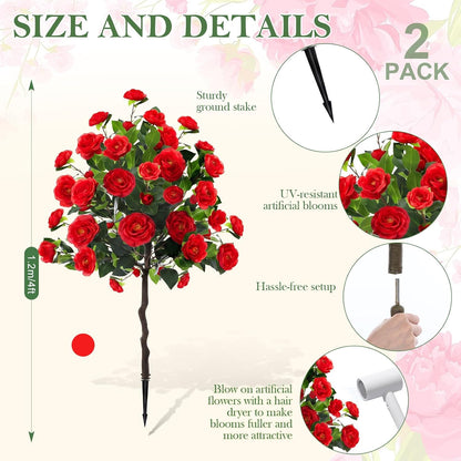 Lunmon 2 Pack 3ft Artificial Camellia Plants Tree 36" Faux Camellia Flower with Spike UV Resistant Realistic Fake Floral Blooming Bush for Indoor Outdoor Front Door Porch Backyard Garden, Purple