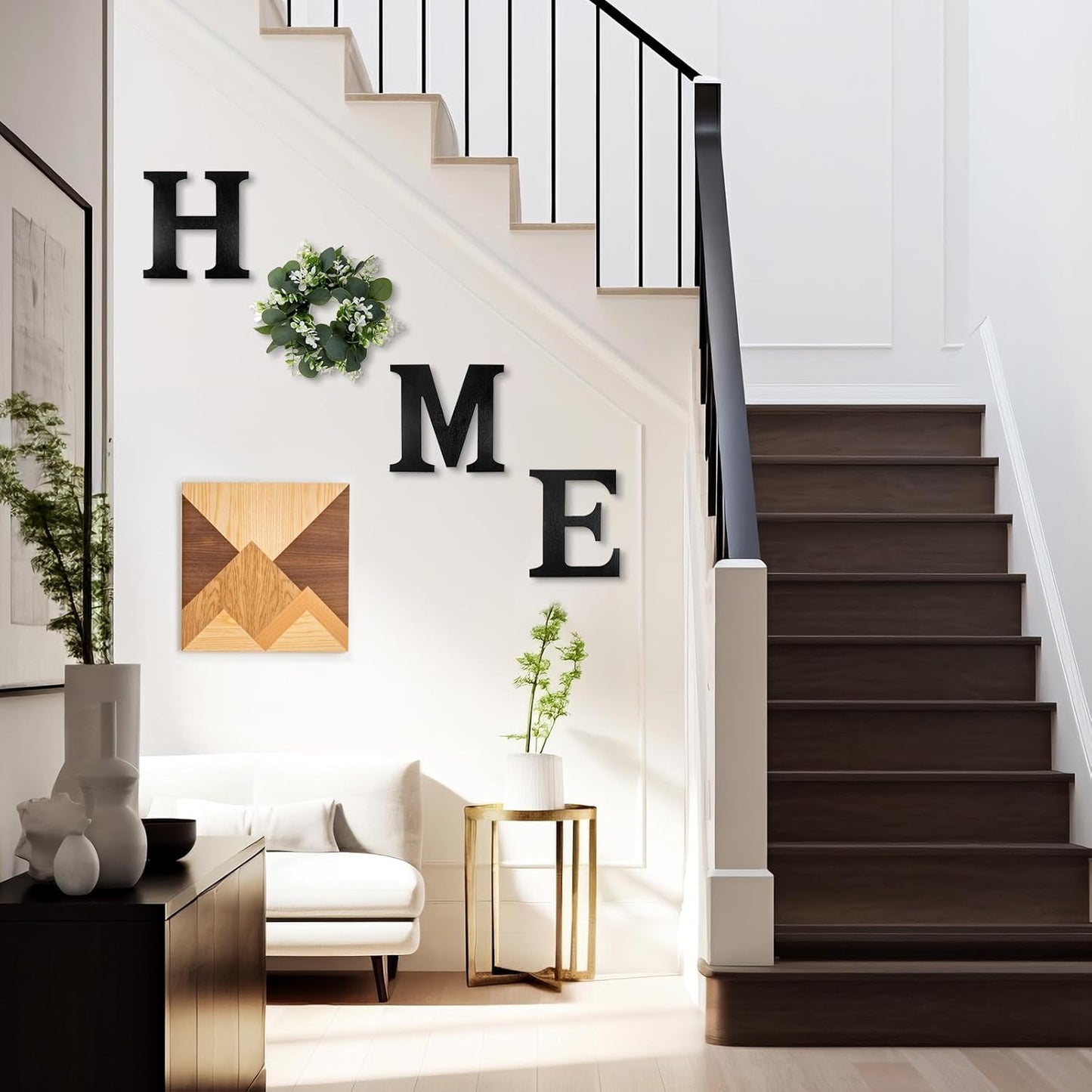 Wood Home Sign with Artificial Eucalyptus Wreath for O, Farmhouse Wall Home Sign Rustic Wooden Hanging Letters Decorative Wall Art Decor for Living Room Kitchen Housewarming Couple Gifts