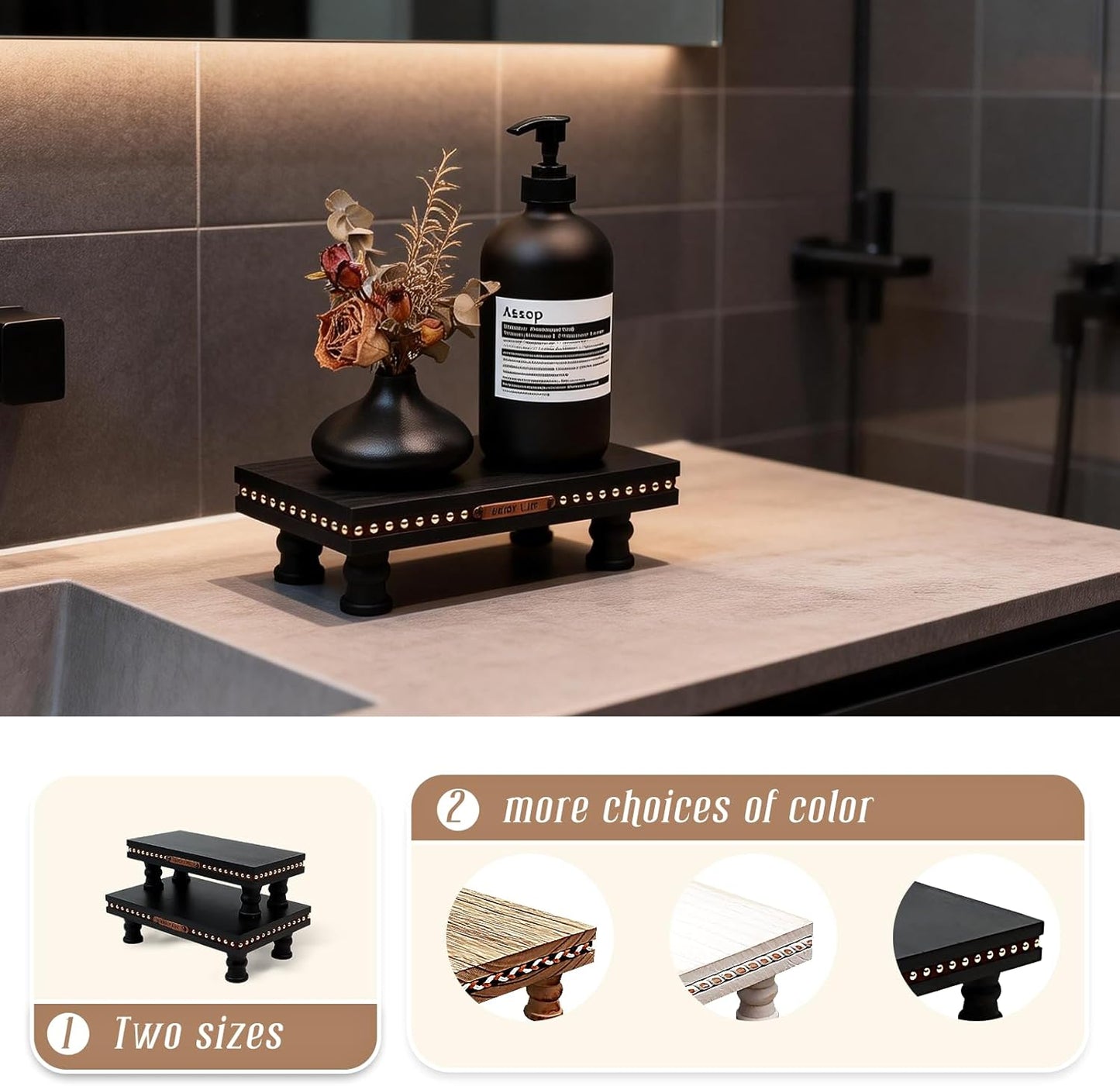 Wood Tray Pedestal Stand, Waterproof Bathroom Counter Organizer, Modern Farmhouse Riser for Soap/Candle/Sponge White Small