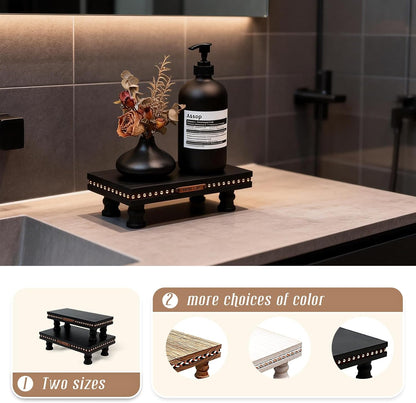 Wood Tray Pedestal Stand, Waterproof Bathroom Counter Organizer, Modern Farmhouse Riser for Soap/Candle/Sponge White Small