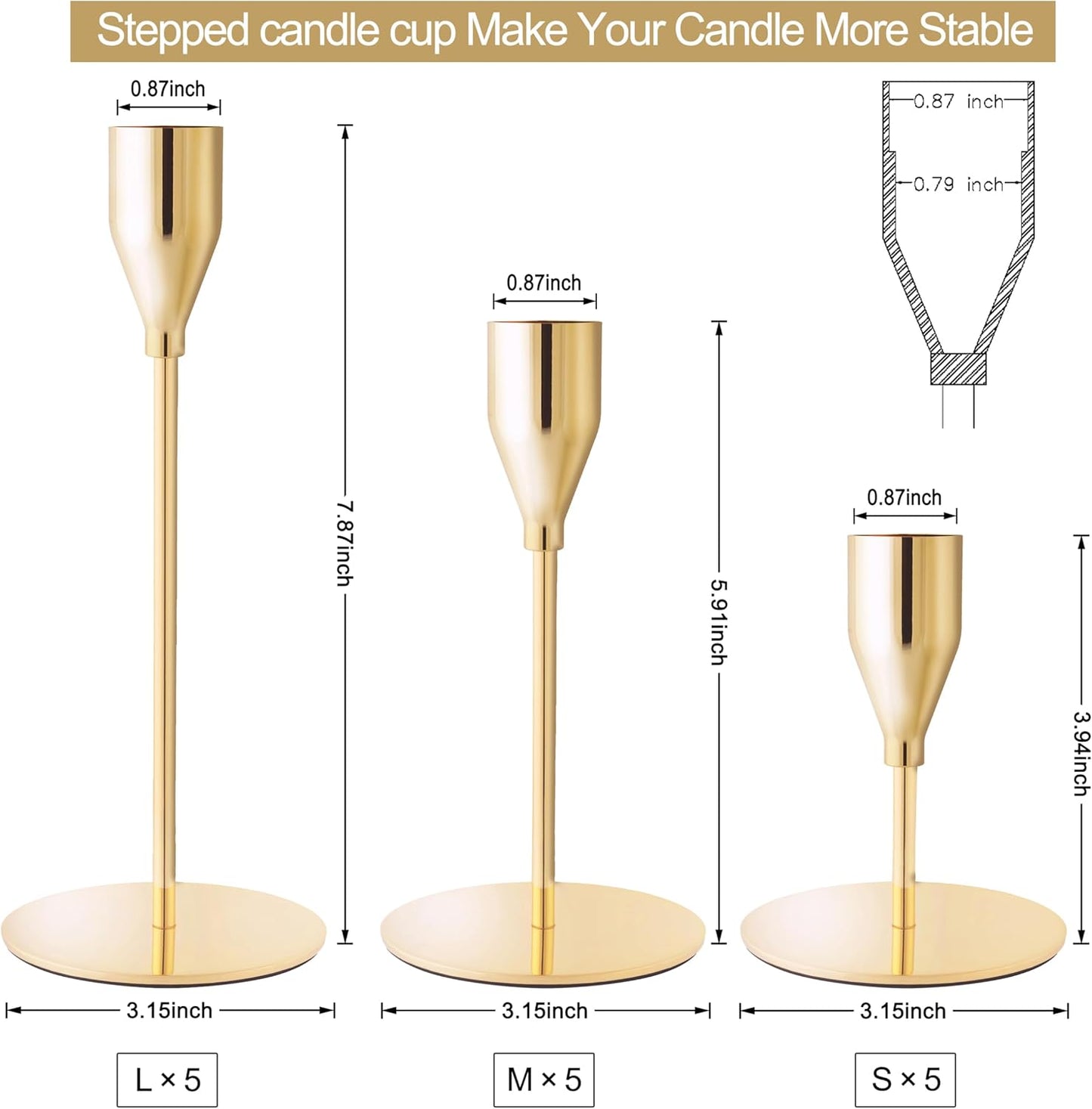 French Gold Taper Candle Holders for Wedding Table Centerpiece,Tall Taper Candlestick Holders Bulk Set of 6,Metal Candle Stick Holders for Dinning or Mantel Centerpiece,Party Home Decor