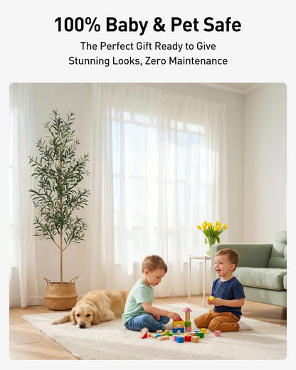 FLOWORLD 6FT Olive Trees Artificial Indoor, Tall Faux Olive Tree 6FT (72in) with Natural Wood Trunk & Realistic Olives, Stable Base, Pet Friendly Artificial Plant for Home Office, Living Room, Outdoor