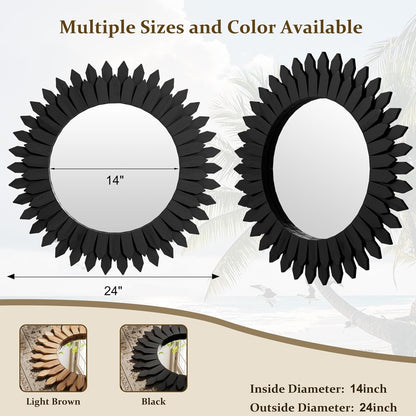 20 Inch Brown Boho Wall Decor Sunburst Mirror - Round Wooden Wall Decor, Handmade Rustic Circular Mirror for Living Room, Bedroom, Entryway, Office