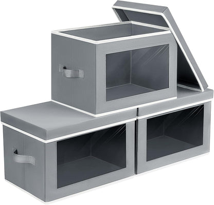 Homsorout Storage Bins with Lids - Fabric Closet Storage Bins with Window, Collapsible Baskets for Shelves 4 Pack, Home Decorative Boxes for Clothes, Closet, Office, Grey