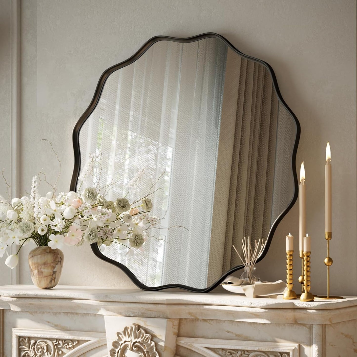 VooBang Black Scalloped Large Circle Mirror, 42" Wavy Edge Round Wall Mirror with Tempered Glass Textured Circular Metal Deep Frame, Hanging Leaning for Bathroom, Hallway, Entryway, Livng Room