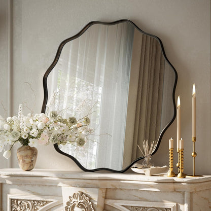 VooBang Black Scalloped Large Circle Mirror, 42" Wavy Edge Round Wall Mirror with Tempered Glass Textured Circular Metal Deep Frame, Hanging Leaning for Bathroom, Hallway, Entryway, Livng Room