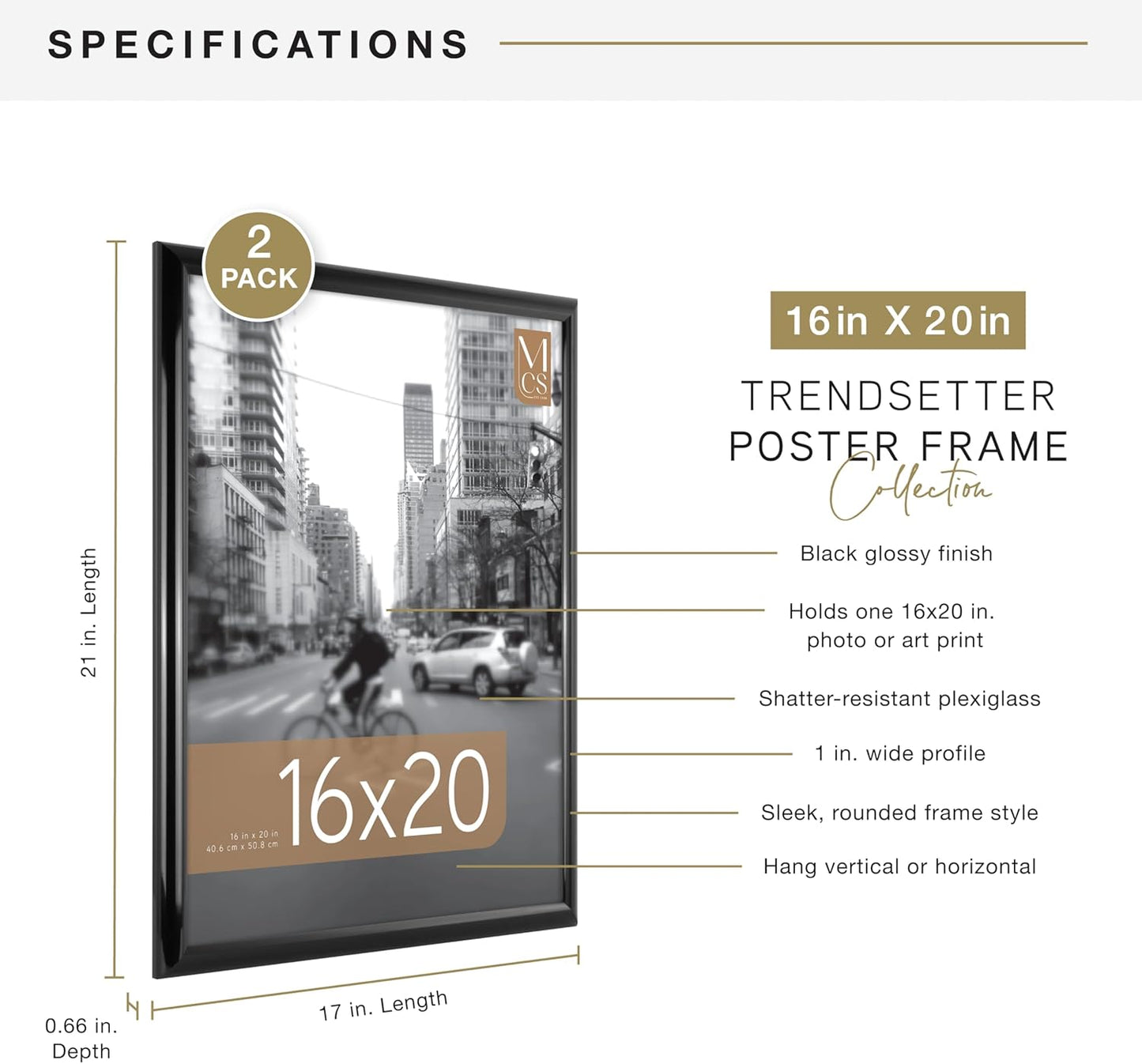 MCS Trendsetter 24x36 Poster Frame Black High-Gloss, Vertical & Horizontal Wall Hanging Large Picture Frame for Photos, Posters & Art Prints (1-Pack)