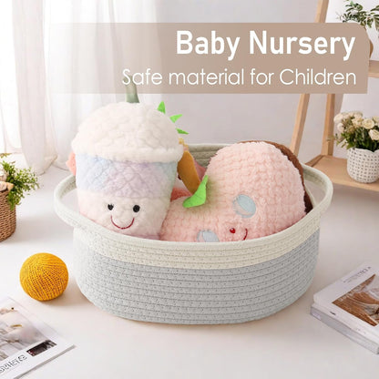 JMvicyroam Woven Basket,Small Rope Storage Bin with Handles & Ribbon Bag, Organizer for Shelves Closets,Gift Basket Empty for Birthday,Books,Dog Toys,White
