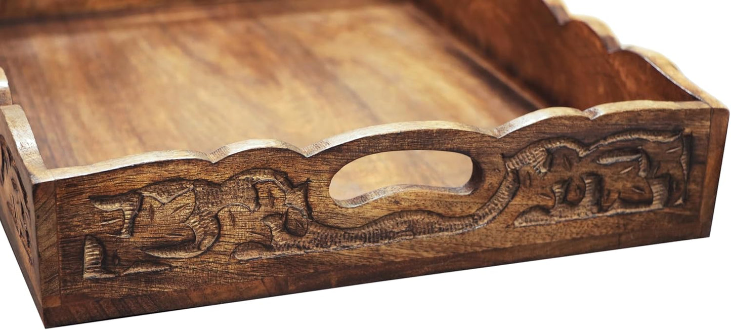Hand Carved Wooden Serving Tray - Decorative Breakfast Tray with Handles - Rustic Wooden Food Tray with Intricate Detail - Unique Furnishing Accent - Natural Finish - 17 x 13 x 2.5 Inch - COTTON CRAFT
