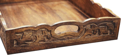 Hand Carved Wooden Serving Tray - Decorative Breakfast Tray with Handles - Rustic Wooden Food Tray with Intricate Detail - Unique Furnishing Accent - Natural Finish - 17 x 13 x 2.5 Inch - COTTON CRAFT