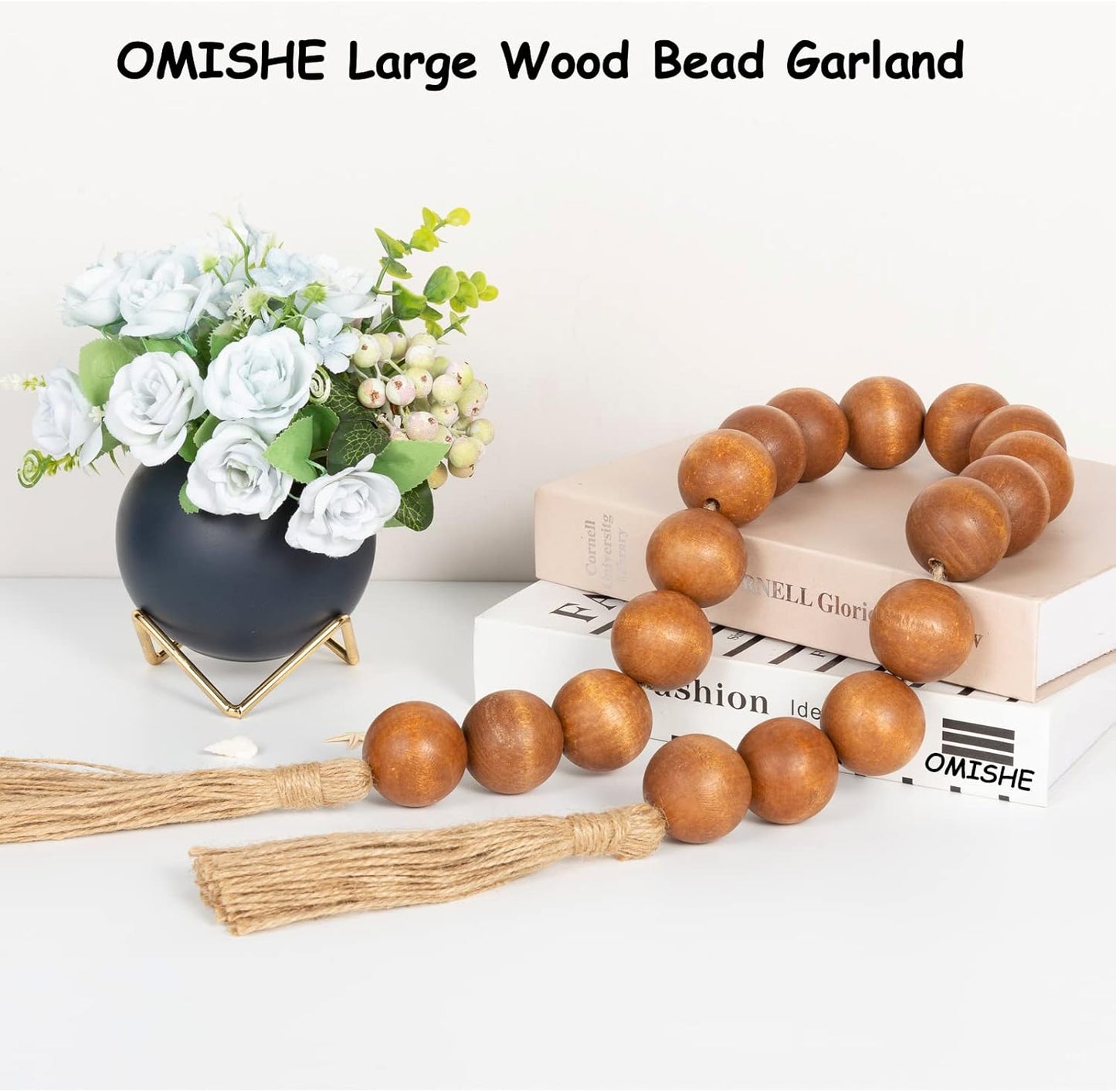 OMISHE Extra Large Wood Bead Garland with 1.6" Diameter Wooden Beads and Tassels, 41" Long Rustic Farmhouse Country Decorative Beads for Home Tiered Tray Decor, Natural Beige