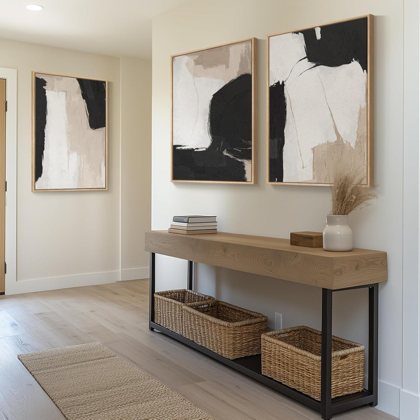 Large Framed Neutral Abstract Wall Art for Living Room, 3 Piece Modern Canvas Prints Paintings Artwork for Walls, Black and Beige Pictures for Living Room Hallway Stair Office Wall Decor 24x36 Inch