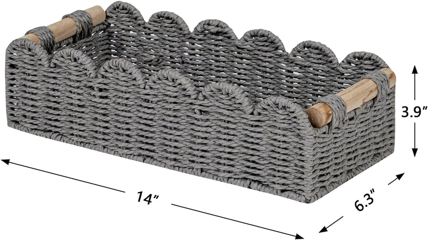 CubesLand Paper Rope Scalloped Edge Toilet Paper Storage Basket, Small Living Room, Bedroom Decor Baskets for Over Toilet Storage Shelf, End Table, Shelves and More, with 2 Wooden Handle, Neutral