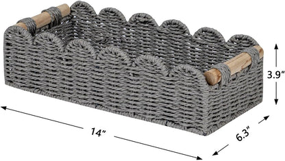 CubesLand Paper Rope Scalloped Edge Toilet Paper Storage Basket, Small Living Room, Bedroom Decor Baskets for Over Toilet Storage Shelf, End Table, Shelves and More, with 2 Wooden Handle, Neutral