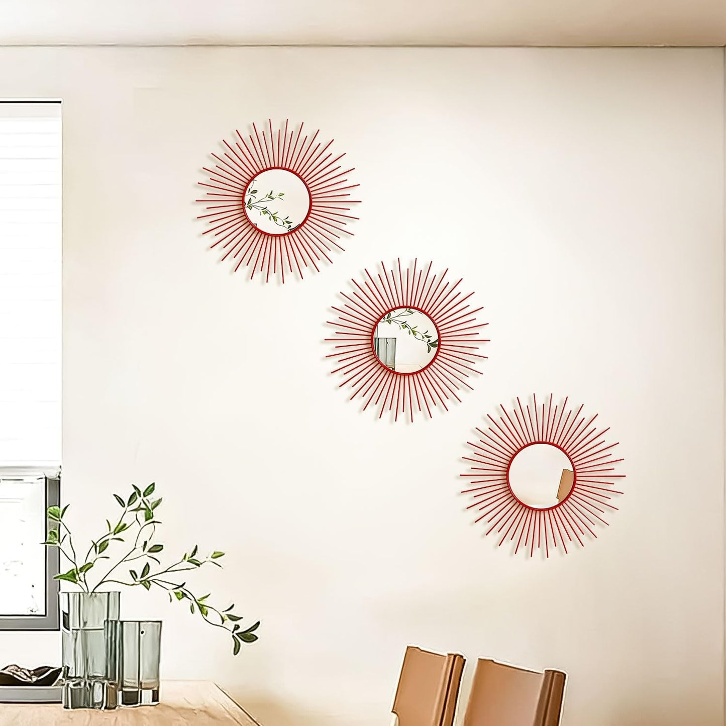 3 Pack Metal Mirrors for Wall Sunburst Wall Mirrors Home Décor Decorative Hanging Wall Art for Living Room Bedroom Entryway (Gold, Flower+Sunburst)