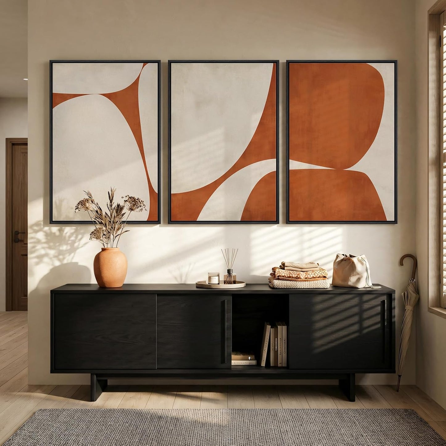 Large Framed Neutral Abstract Wall Art for Living Room, 3 Piece Modern Canvas Prints Paintings Artwork for Walls, Black and Beige Pictures for Living Room Hallway Stair Office Wall Decor 24x36 Inch