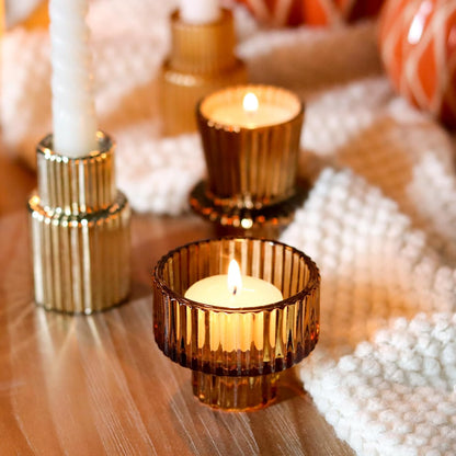 Brown Candlestick Holders 12PCS Ribbed Glass Taper Candle Holders Set for Tealight Candlestick Candles, Table Centerpieces for Thanksgiving Christmas Farmhouse Decor Indoor and Outdoor