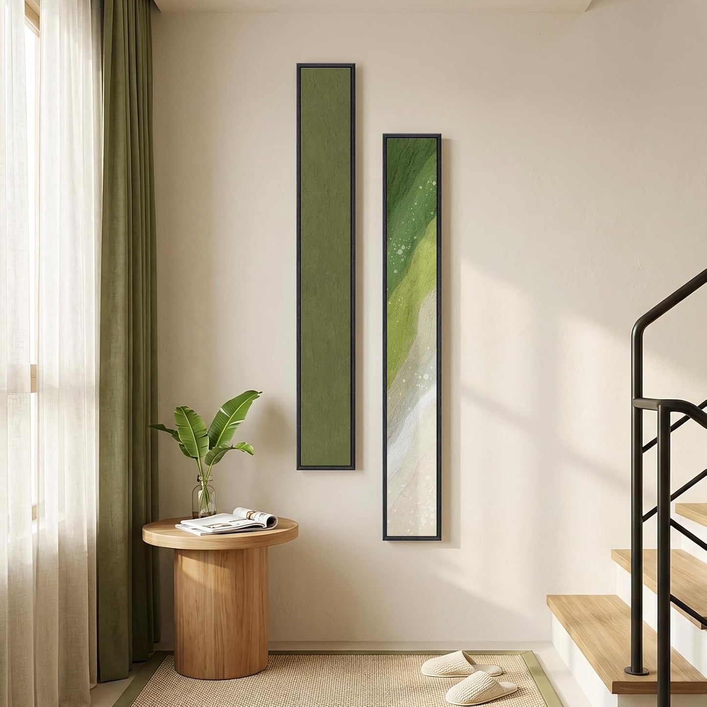 Long Narrow Framed Neutral Abstract Vertical Wall Art Set, 2 Piece Modern Canvas Prints Paintings Artwork for Walls, Beige and Brown Minimalist Pictures for Hallway Entryway Living Room Bedroom Decor