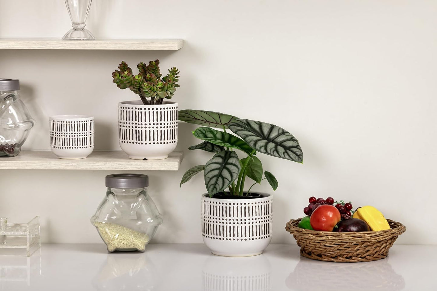 Docrin 3-Pack Ceramic Planters Set - 6.5"+5.3"+4" Dual-Tone Flower Pots with Drainage Holes, Modern Indoor Outdoor Planters for Succulents/Herbs/Large Plants, Home Office (Brownish Black & White)