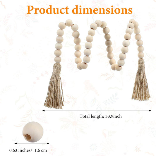 Boho Decor Wood Beads Garland Wood Bead Garland with Tassels Farmhouse Wall Hanging Decorations Natural Wooden Tassel Decorative Room Hanging for Coffee Table Christmas and Prayer(Wood Color, 50inch)