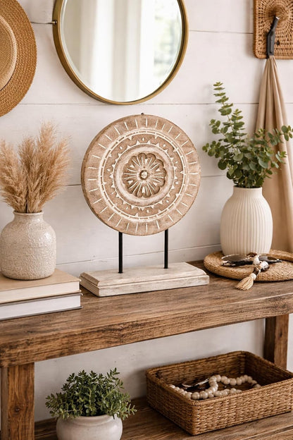 Housewarming Gifts Farmhouse Table Sculpture Home Decor Statue Mandala Carved for Modern Home 10" x 14", Living Room, Fireplace Mantel Shelf, Table and Entryway Decor Stand (Design 1)