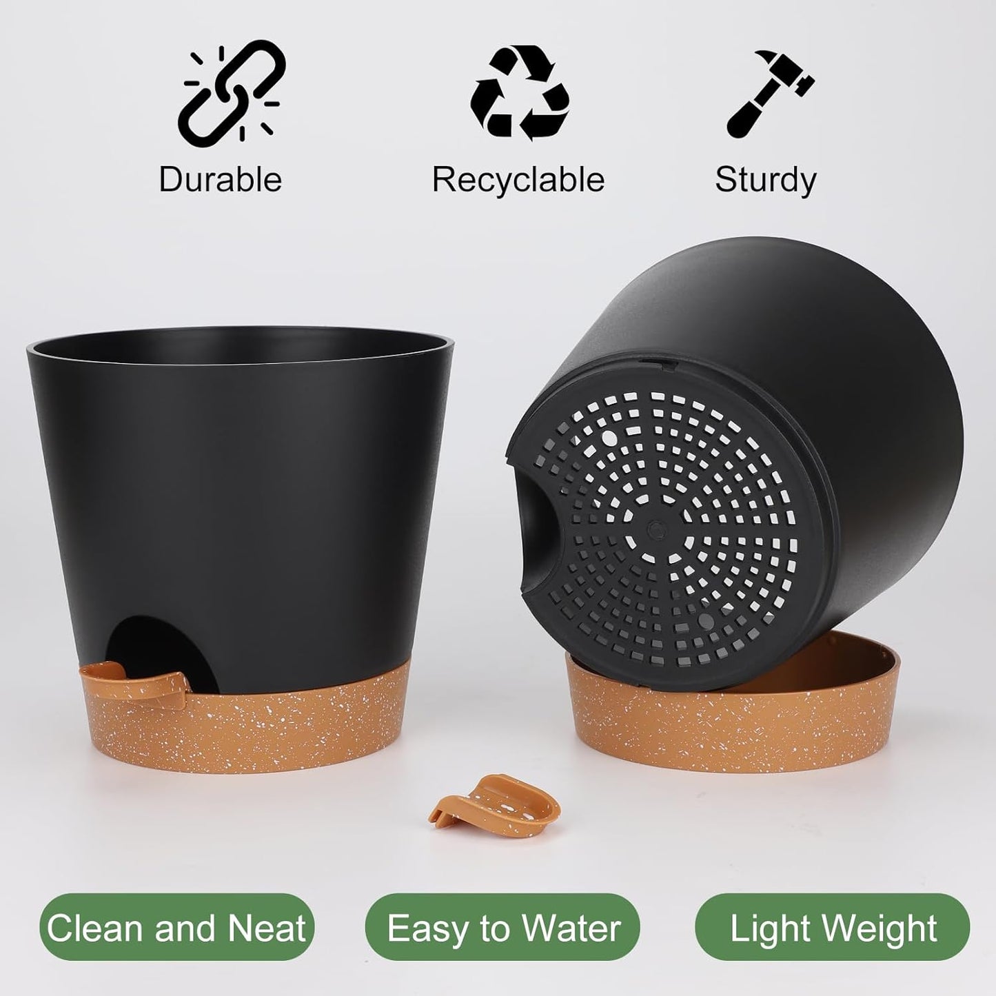 YNNICO Indoor Self Watering Planters with Drainage Holes and Saucers, 8, 7, 6.5, 6, 5.5, 5 Inches, Black, 6 Pots