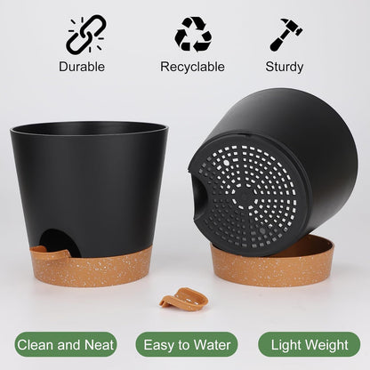 YNNICO Indoor Self Watering Planters with Drainage Holes and Saucers, 8, 7, 6.5, 6, 5.5, 5 Inches, Black, 6 Pots