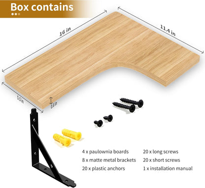 ROMGUAR CRAFT Corner Floating Shelves Wall Mounted Set of 4, Rustic Wood Storage Display Shelves for Home Decor, Bathroom, Kitchen, Bedroom, Living Room, Office (Black)