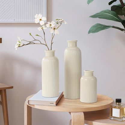 Small White Ceramic Vase Set of 3, Boho Modern White Flower Vase Room Decor, Farmhouse Decor, Vases for Your Kitchen, Bathroom, Bedroom, Living Room, Office&Shelf Centerpiece Table Decorations