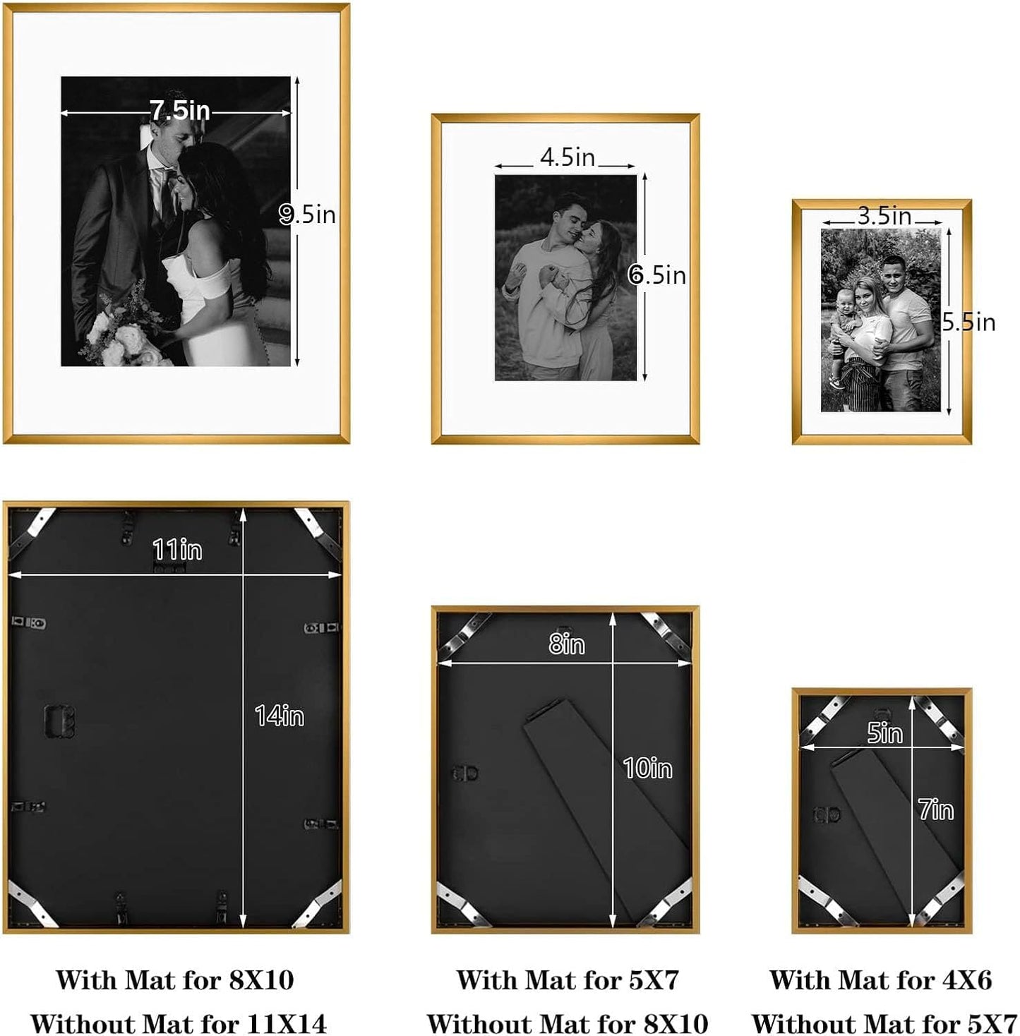 Frametory, Black Aluminum Picture Frame with Removable Mat - Set of 7 Includes Four 5x7, Two 8x10, One 11x14 - Real Glass Front - Simple Gallery Wall Frames for Art Prints and Posters