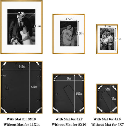 Frametory, Black Aluminum Picture Frame with Removable Mat - Set of 7 Includes Four 5x7, Two 8x10, One 11x14 - Real Glass Front - Simple Gallery Wall Frames for Art Prints and Posters