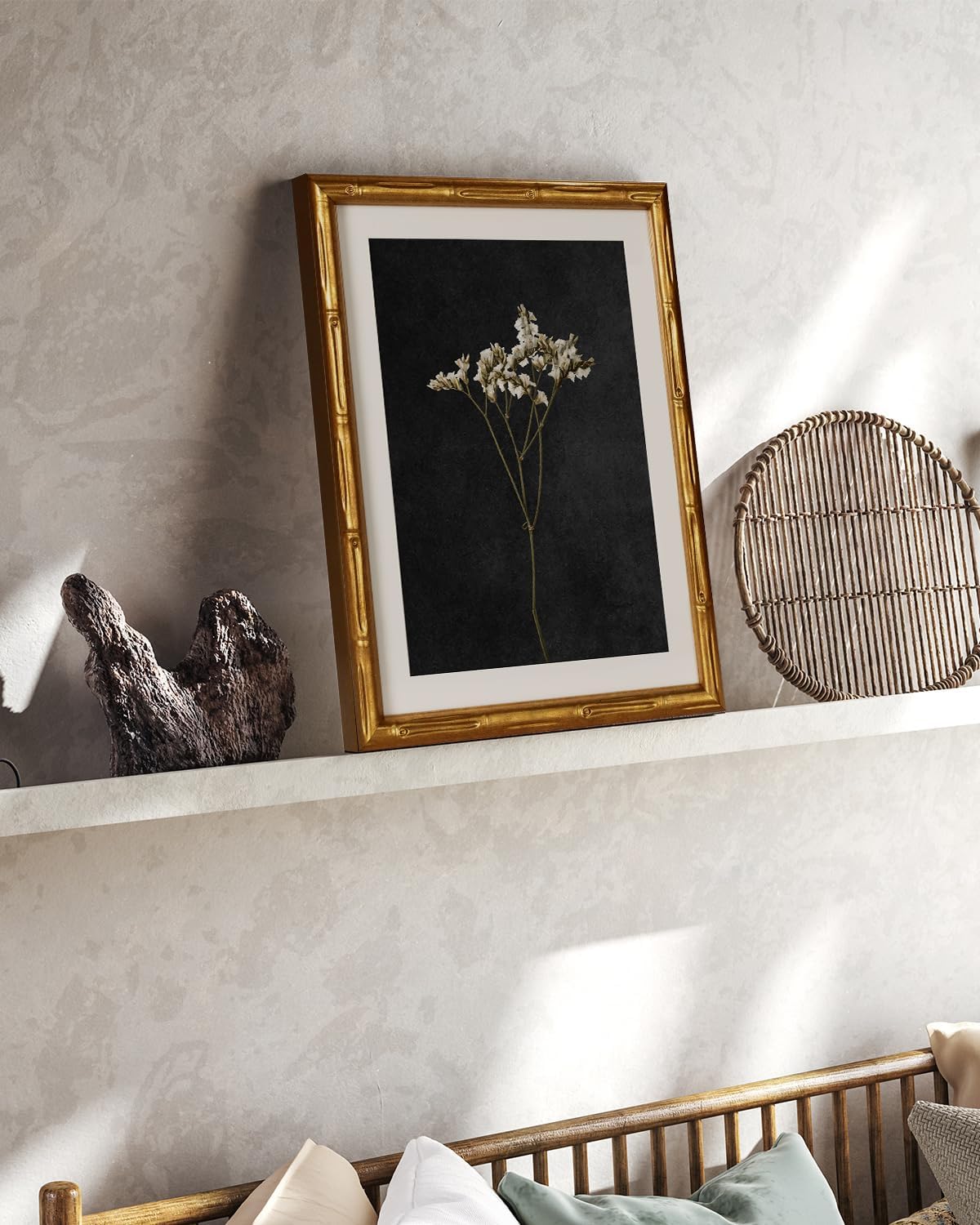 InSimSea Gold Bamboo Framed Canvas Wall Art, Retro Blue Hydrangea Botanical Prints, Antique Flowers Picture Frame with Mat, Victorian Home Wall Decor for Kitchen Living Room Bedroom, 11x14inch