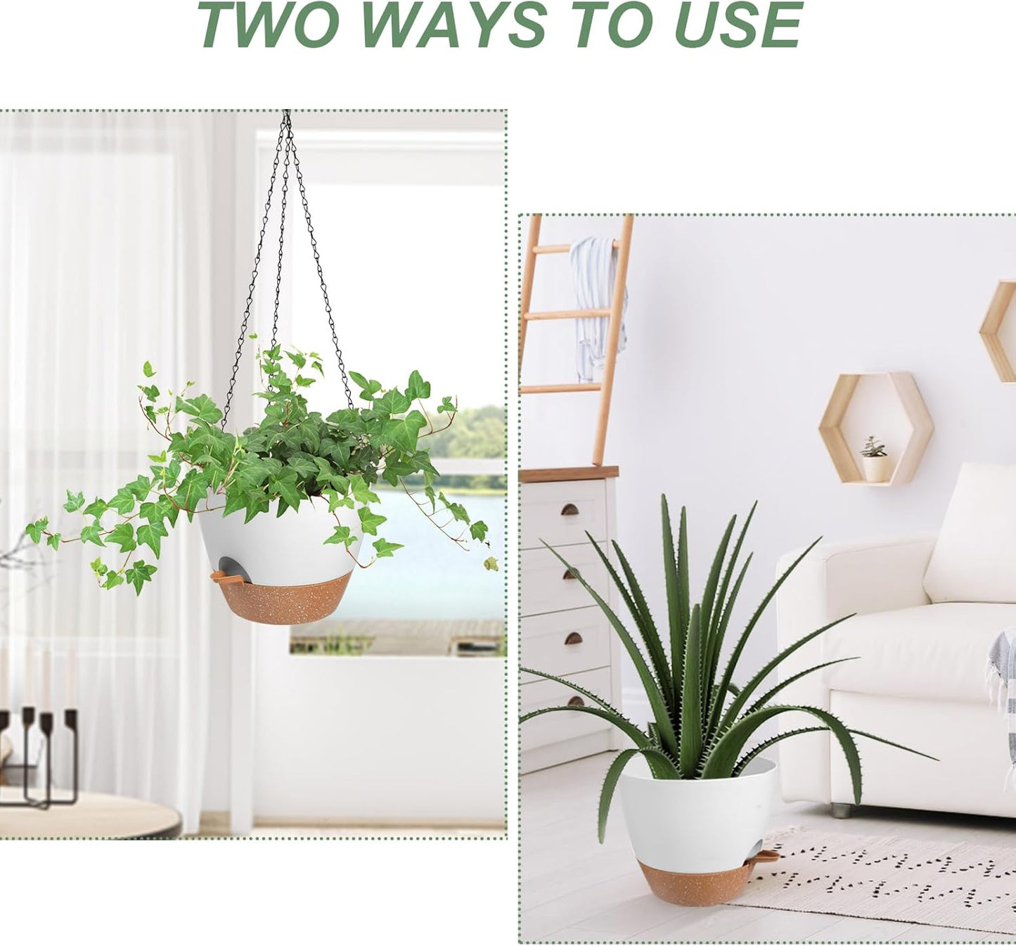 Vanslogreen Hanging Planters for Indoor Outdoor Plants, 2 Pack Self Watering Hanging Pot with Drainage Holes & Removable Tray (Black, 8'')